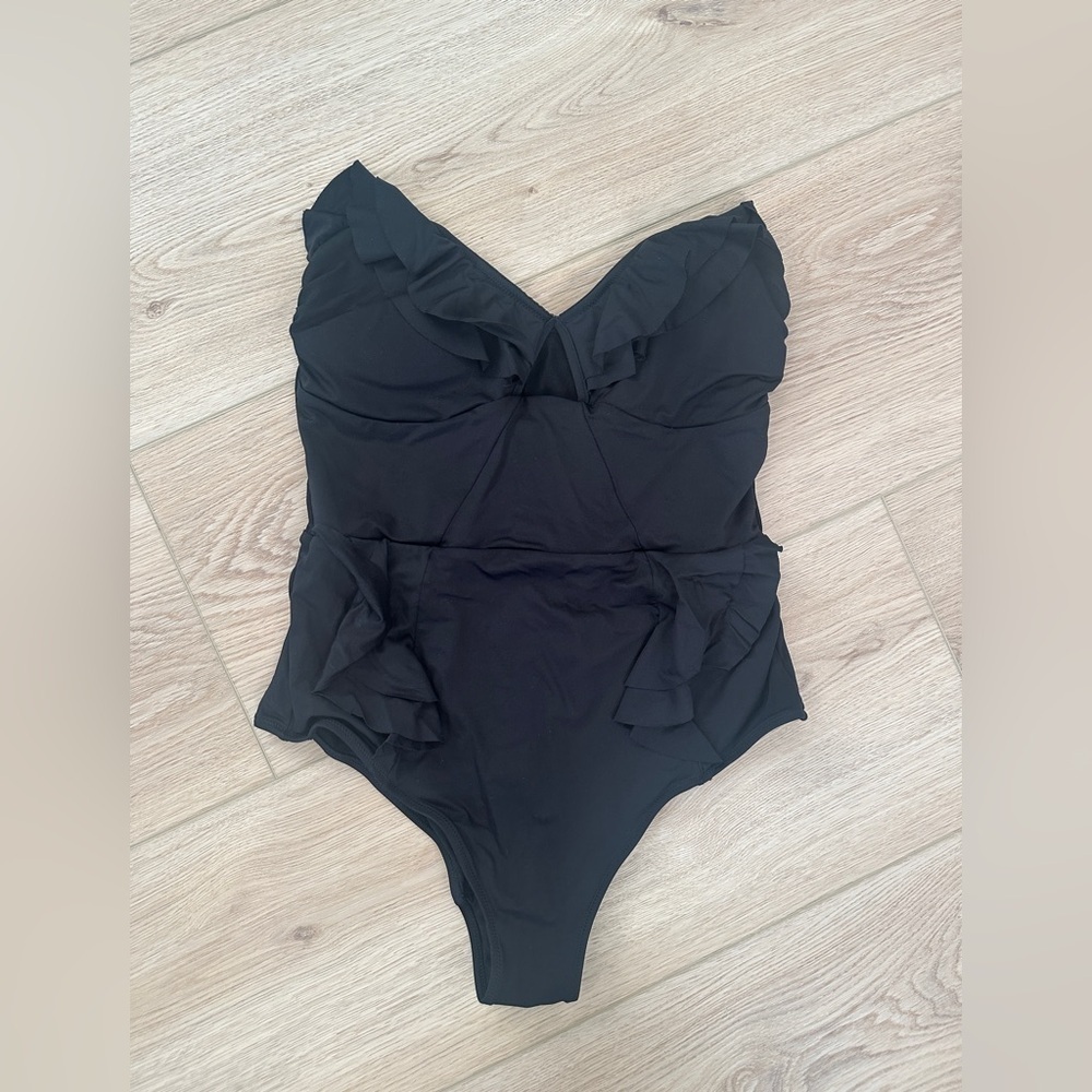 H&M Black One Piece Swimsuit with Deep V-Neck and Ruched Fabric